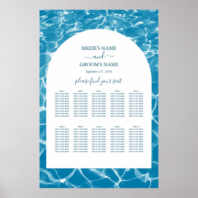 Poster Aquarelle Blue Ocean Beach Mariage Carte de siège (Devant)