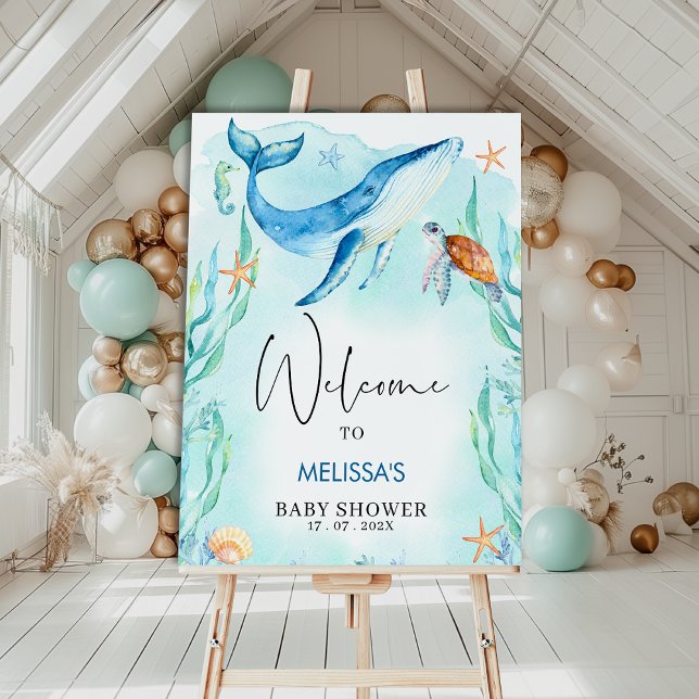 Poster Aquarelle Blue Ocean Sea Baby shower Bienvenue (Under the Sea Baby Shower Welcome Sign Template, Editable Ocean Themed Baby Shower Welcome Sign Boy)