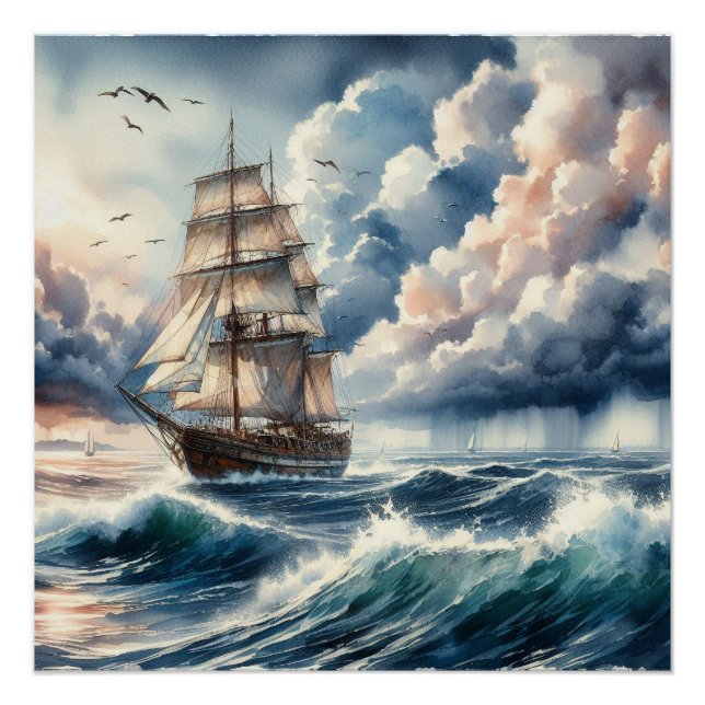 Poster Aquarelle Blue Ocean Wave Boat (Devant)