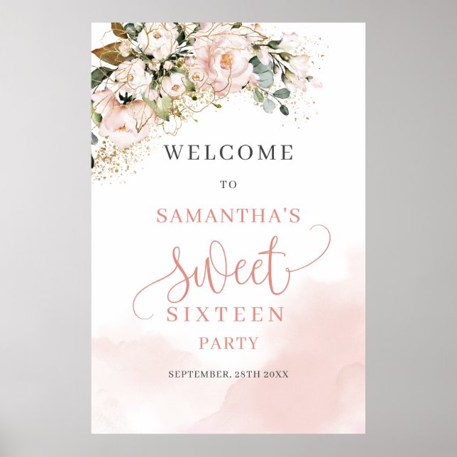 Poster Aquarelle Blush or rose 16e anniversaire bienvenue (Devant)