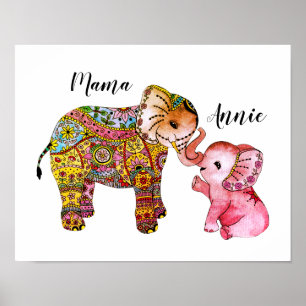 Poster Aquarelle Boho Rose Cute Elephant Décor Nursery