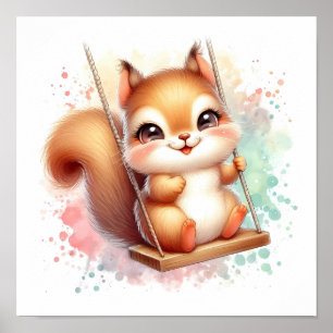 Poster Aquarelle Bois Bébé Écureuil Nourriture Swing