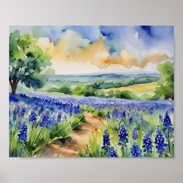Poster Aquarelle Bonnet Bleu de Texas Hill (Devant)