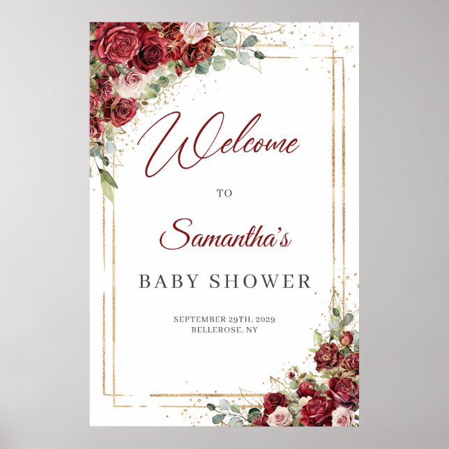 Poster Aquarelle bordeaux et Baby shower roux bienvenue (Devant)