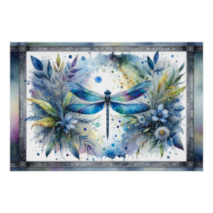 Poster Aquarelle botanique de libellule bleue