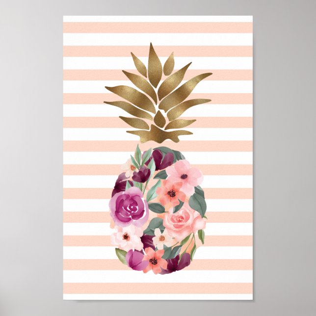 Poster Aquarelle botanique fleurie chic Ananas doré (Devant)