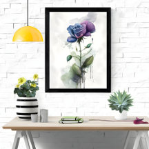 Aquarelle botanique violet et bleu Rose