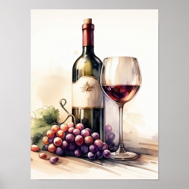 Poster Aquarelle Bouteille de vin et raisins (Devant)