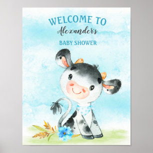 Poster Aquarelle Boy Vache Baby shower fermeBébé douche