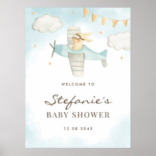 Poster Aquarelle Bunny Avion Blue Baby shower Bienvenue