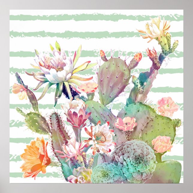Poster Aquarelle cactus, motifs floraux et rayures (Devant)
