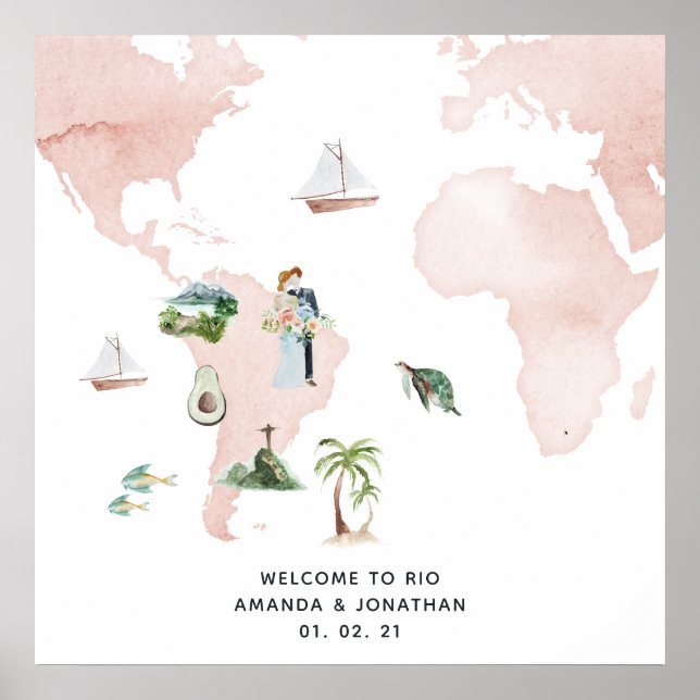 Poster Aquarelle Carte de Rio Destination Mariage Bienven (Devant)