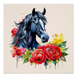 Poster Aquarelle Cheval noir Roses rouges