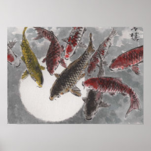 Poster Aquarelle chinoise de Lin Li 9 KOI Fish Moon