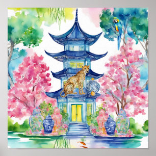 Poster Aquarelle Chinoiserie Pagoda Cheetah Ginger Jar