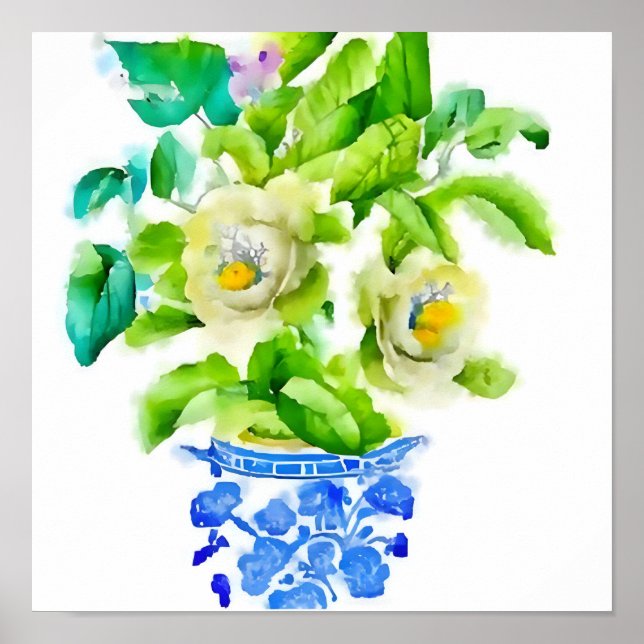 Poster Aquarelle Chinoiserie Vase avec Fleurs (Devant)