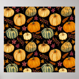 Poster Aquarelle Citrouilles : Automne Motif sans couture