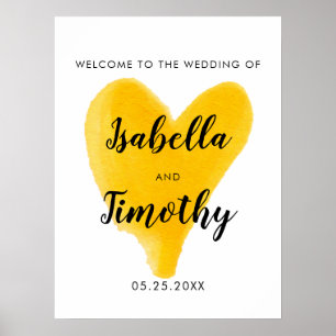 Poster Aquarelle coeur jaune accueil mariage lettrage