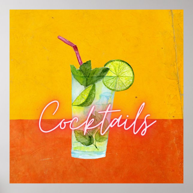 Poster Aquarelle colorée & Cocktails Neon Bar Art (Devant)