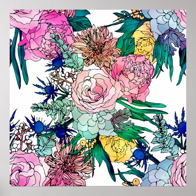 Poster Aquarelle colorée élégante Motif Floral (Devant)