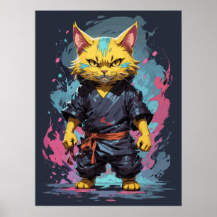 Poster Aquarelle cool Jaune Ninja Chat Guerrier