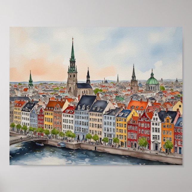 Poster Aquarelle Copenhagen Danemark (Devant)