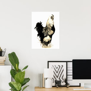 Poster Aquarelle Coq Poule Ferme Oiseau Noir Blanc