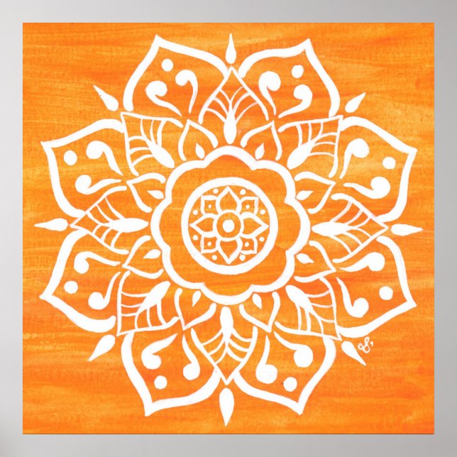 Poster Aquarelle couleur mandala orange blanc (Devant)