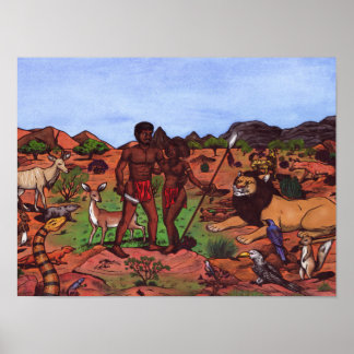 Poster aquarelle couple d'autochtones africains et animau