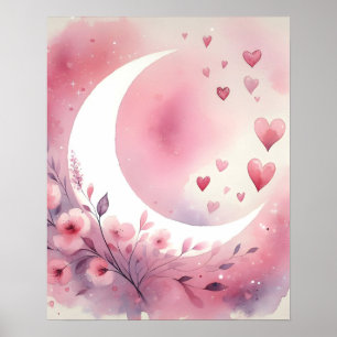Poster Aquarelle Crescent Lune, Coeurs, Fleurs de cerisie