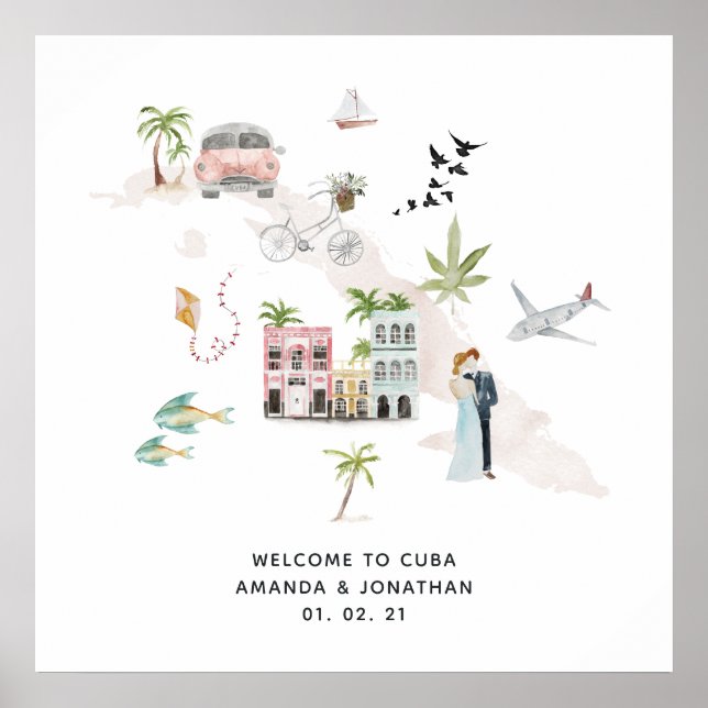 Poster Aquarelle Cuba Destination Mariage Bienvenue (Devant)