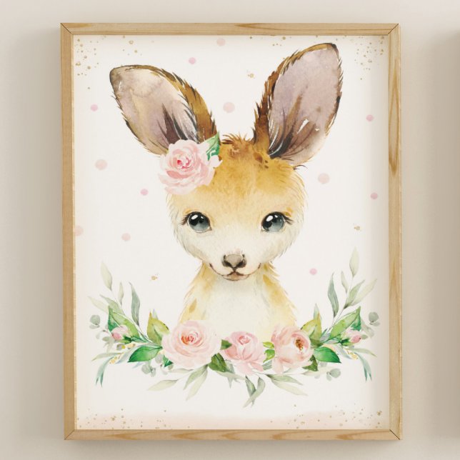 Poster Aquarelle Cute Kangaroo Blush Pink Floral Wall (Créateur téléchargé)