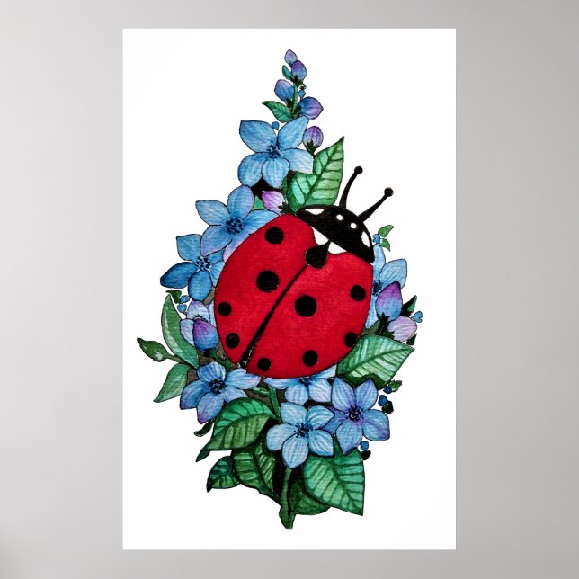 Poster Aquarelle Cute Ladybird Avec Fleurs Bleues Sauvage (Devant)