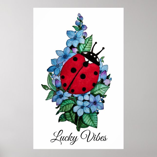 Poster Aquarelle Cute Ladybird Avec Fleurs Bleues Sauvage (Devant)