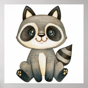 Poster Aquarelle Cute Raccoon