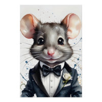 Aquarelle Cute Souris Tuxedo Black Bow Cravate Fle