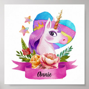 Poster Aquarelle Cute Unicorn Coeur Nom personnalisé