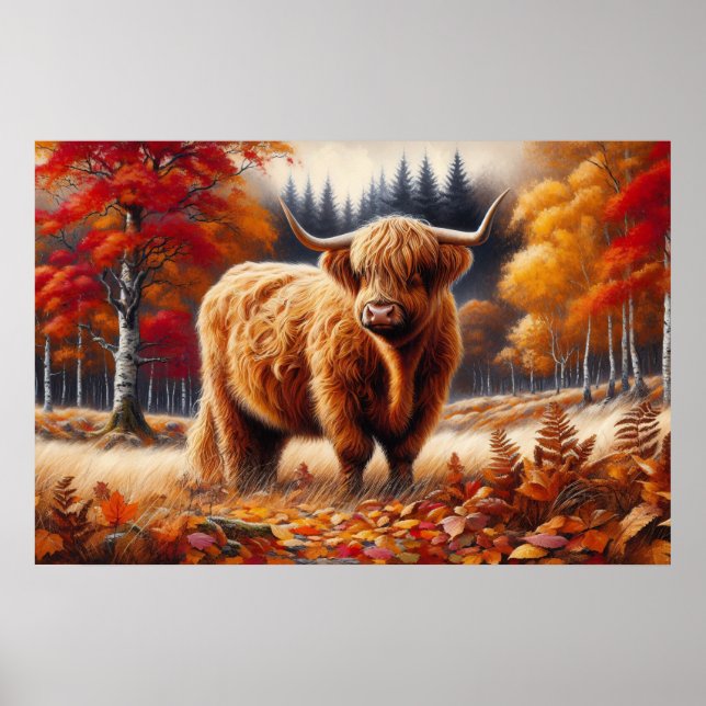 Poster Aquarelle d'automne de la vache Highland (Devant)