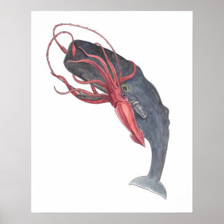 Poster Aquarelle de calmar et de baleine Imprimer