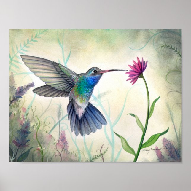 Poster Aquarelle de colibri et de fleurs de nectar doux (Devant)