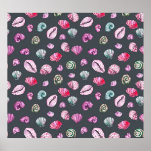 Poster Aquarelle de coquillage : Motif bleu foncé