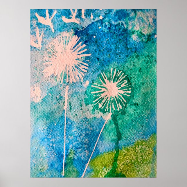 Poster Aquarelle de Dandelion bleu et vert abstrait (Devant)