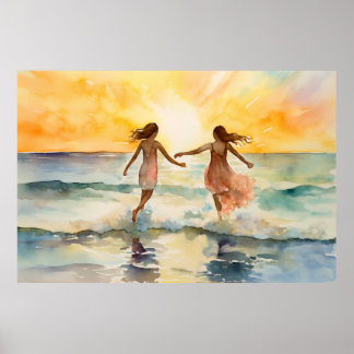 Poster Aquarelle de filles marchant sur la plage