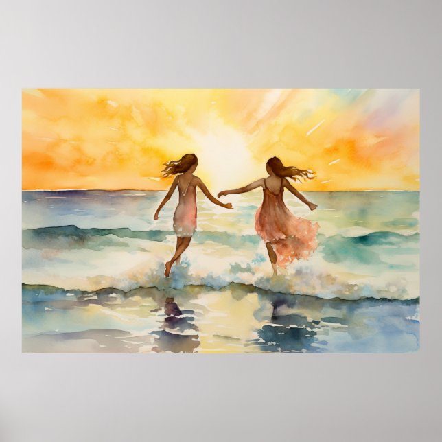 Poster Aquarelle de filles marchant sur la plage (Devant)