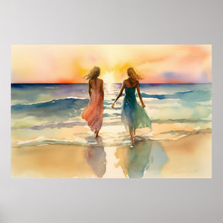 Poster Aquarelle de filles marchant sur la plage