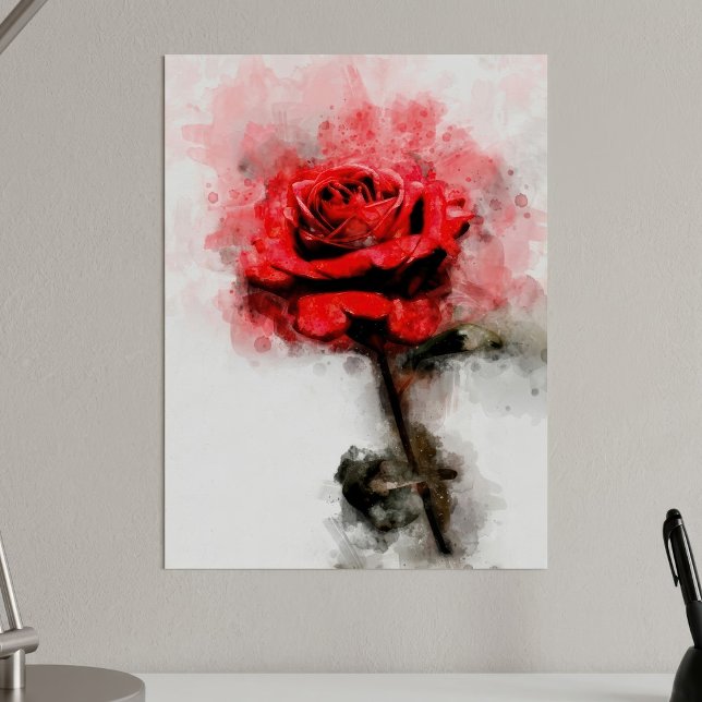 Poster Aquarelle de fleur rouge - wb (Red Rose Watercolor Art on White Background. Poster)