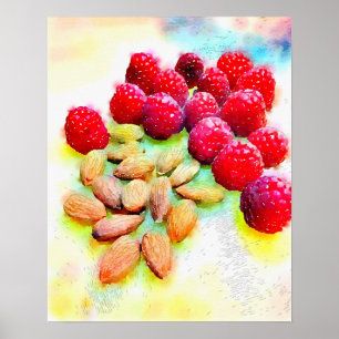 Poster Aquarelle de framboises et d'amandes
