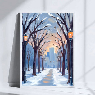Poster Aquarelle de la chute de neige hivernale à Boston 