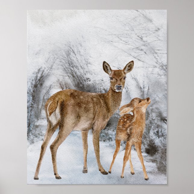 Poster Aquarelle de la famille des cerfs (Devant)