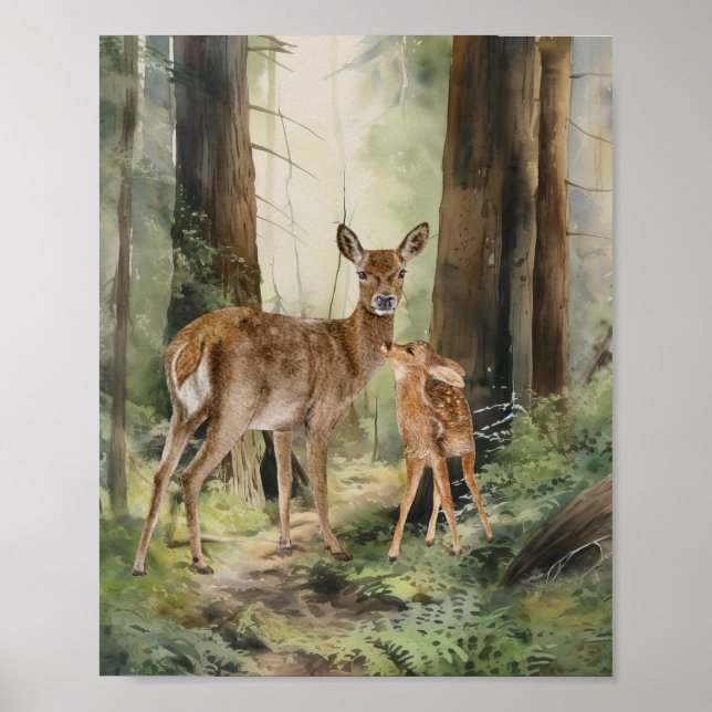 Poster Aquarelle de la forêt de Deer Redwood (Devant)